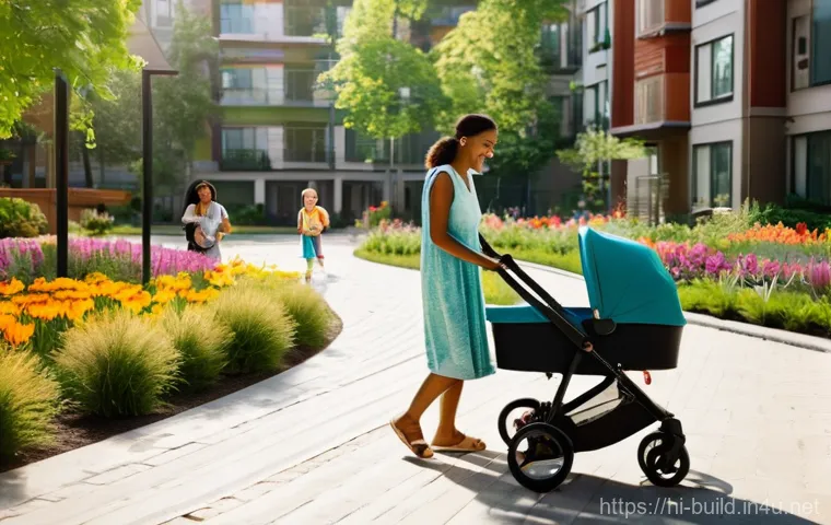 관리비 부과 기준 - **Prompt:** A vibrant and harmonious apartment complex courtyard, bathed in soft morning light. Fami...