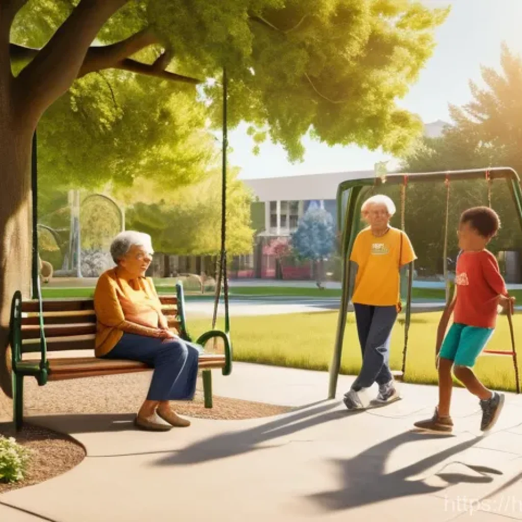 공동시설 이용 규칙 - **Prompt: A vibrant and harmonious community park scene at sunset, depicting diverse groups of resid...