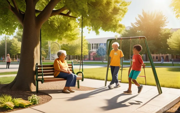 공동시설 이용 규칙 - **Prompt: A vibrant and harmonious community park scene at sunset, depicting diverse groups of resid...