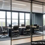 건물 내 소음 관리 - A modern office interior showcasing effective soundproofing materials: walls and ceilings lined with...