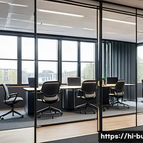 건물 내 소음 관리 - A modern office interior showcasing effective soundproofing materials: walls and ceilings lined with...