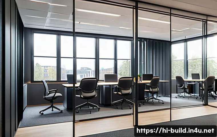 건물 내 소음 관리 - A modern office interior showcasing effective soundproofing materials: walls and ceilings lined with...