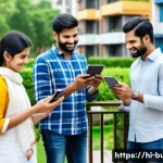 입주민 소통 어플 추천 - A vibrant, modern Indian gated community scene showing diverse neighbors interacting using a communi...