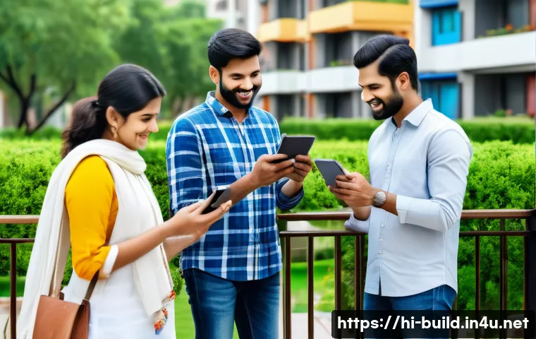 입주민 소통 어플 추천 - A vibrant, modern Indian gated community scene showing diverse neighbors interacting using a communi...