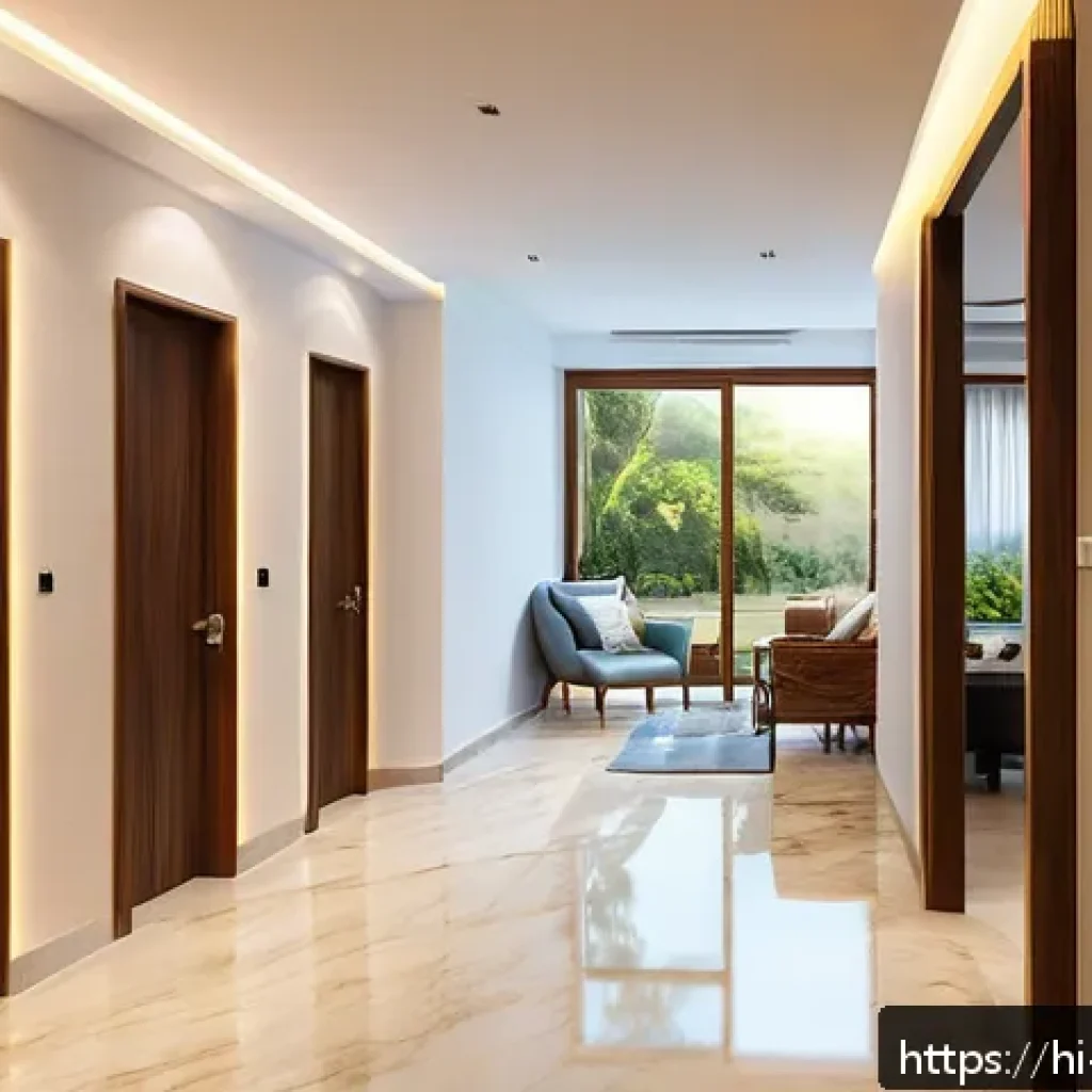 건물 내 전기료 절약 기술 - A modern Indian home interior featuring sensor-based smart lighting in action: hallway and bathroom ...