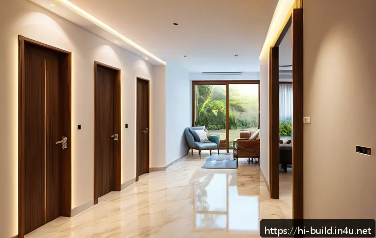 건물 내 전기료 절약 기술 - A modern Indian home interior featuring sensor-based smart lighting in action: hallway and bathroom ...