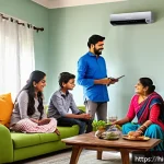 공동 전기 사용량 절약 - A modern Indian family in a bright living room using energy-efficient appliances: an inverter AC run...