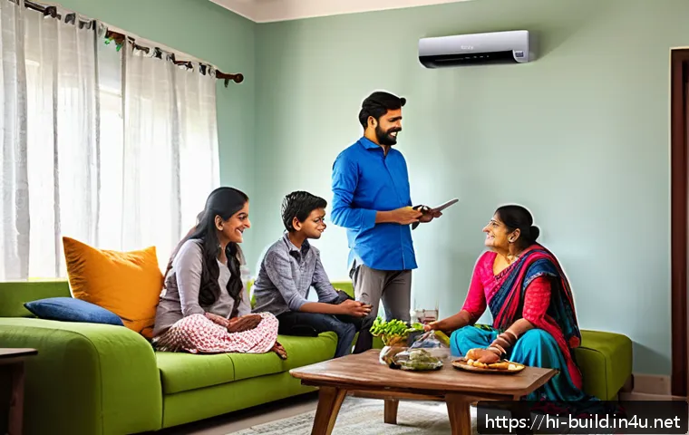 공동 전기 사용량 절약 - A modern Indian family in a bright living room using energy-efficient appliances: an inverter AC run...