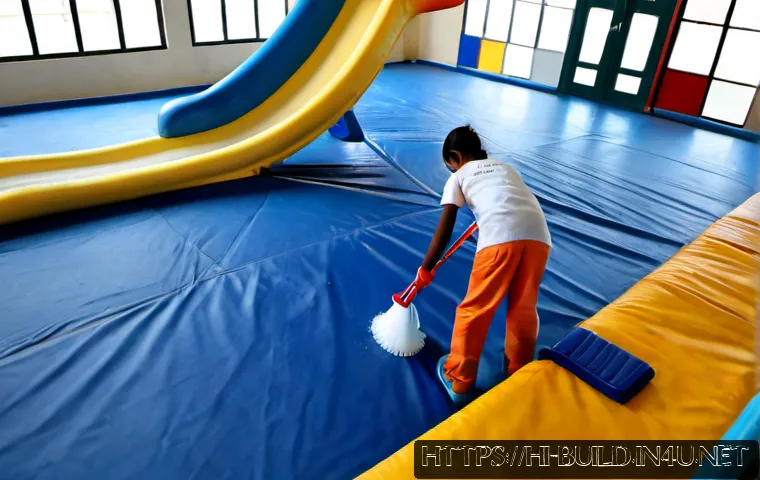 Home 17 건물 내 어린이 놀이터 유지 - Photorealistic indoor children’s playground maintenance scene in a modern residential building in In...