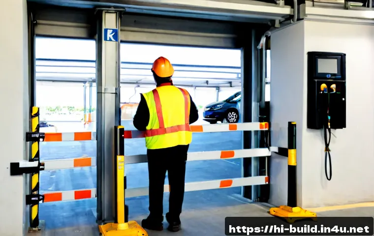 Home 17 주차장 자동화 장비 설치 - Photorealistic modern parking garage entrance during automated equipment installation, Indian techni...